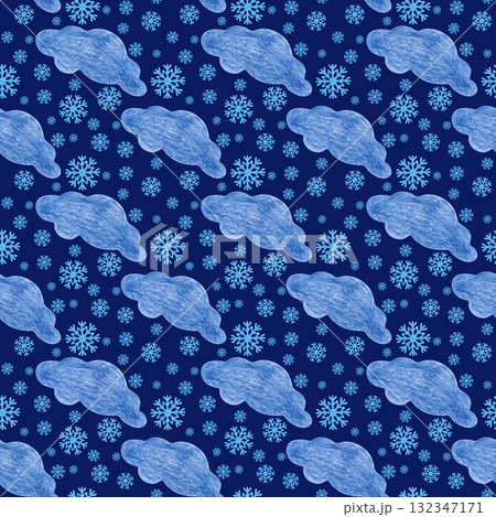 Seamless winter pattern with hand-drawn clouds and snowflakes on a blue background. Drawing with colored pencils. Seamless template in the form of a child's drawing for wallpaper or packaging 132347171