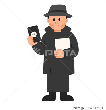 Flat cartoon illustration of a male scammer. Cybercrime and online fraud concept in flat design style, perfect for security, internet, and digital themes. Flat cartoon illustration of a male scammer. Cybercrime and online fraud concept in flat design style, perfect for security, internet, and digital themes. 132347401
