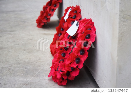 Remembrance Day Poppy Wreaths at Memorial. World War remembrance day. Remembrance Day Poppy Wreaths at Memorial. World War remembrance day. 132347447