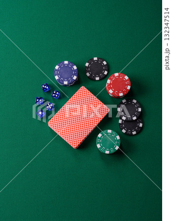 Dice poker game with chips, bets and risk in casino. Dice poker Dice poker game with chips, bets and risk in casino. Dice poker 132347514