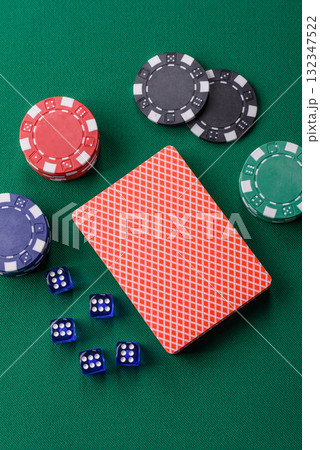 Dice poker game with chips, bets and risk in casino. Dice poker Dice poker game with chips, bets and risk in casino. Dice poker 132347522