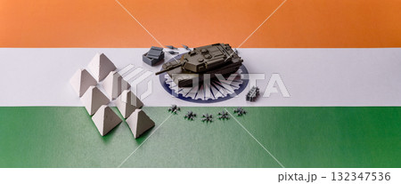 Anti-tank barrier or dragon's teeth made of concrete and iron as a fortification. Dragon's teeth 132347536