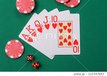 Playing card game poker in casino with chips, bets and risk. Cards and chips Playing card game poker in casino with chips, bets and risk. Cards and chips 132347647