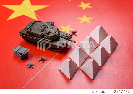 Anti-tank barrier or dragon's teeth made of concrete and iron as a fortification. Dragon's teeth 132347777