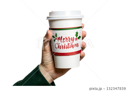Hand holding festive merry christmas coffee cup, holiday drink isolated on transparent background Hand holding festive merry christmas coffee cup, holiday drink isolated on transparent background 132347839