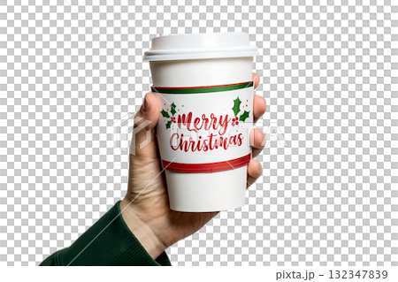 Hand holding festive merry christmas coffee cup, holiday drink isolated on transparent background 132347839