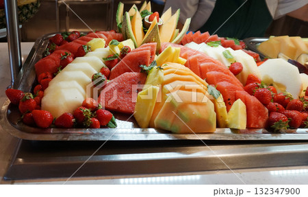 Dining Room Buffet aboard the abstract luxury cruise ship. Healthy breakfast at modern liner concept 132347900