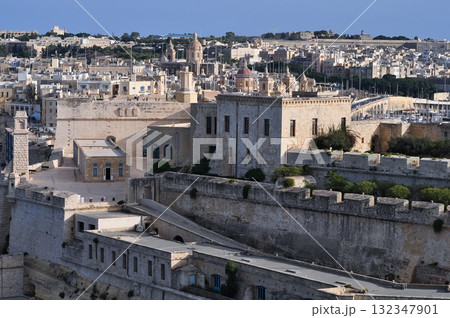 Fort St Elmo as seen from Upper Barrakka Gardens. Drone view of Valletta city - capital of Malta island 132347901