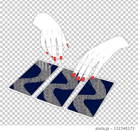 Illustration of a fortune teller's hands doing oracle card reading or tarot reading Illustration of a fortune teller's hands doing oracle card reading or tarot reading 132348173