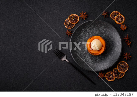 Pie, sweet round tart with apricot pieces, cream and nuts. Sweet tart with peach Pie, sweet round tart with apricot pieces, cream and nuts. Sweet tart with peach 132348187