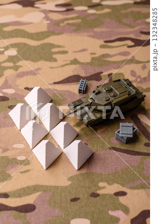 Anti-tank barrier or dragon's teeth made of concrete and iron as a fortification. Dragon's teeth 132348285