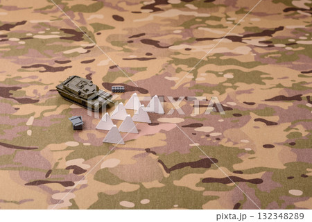 Anti-tank barrier or dragon's teeth made of concrete and iron as a fortification. Dragon's teeth Anti-tank barrier or dragon's teeth made of concrete and iron as a fortification. Dragon's teeth 132348289