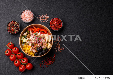 Bowl with chicken pieces, rice, tomatoes, peppers and microgreens. Bowl with chicken Bowl with chicken pieces, rice, tomatoes, peppers and microgreens. Bowl with chicken 132348360