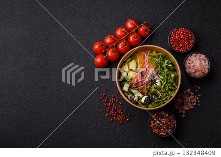 Bowl with salmon pieces, cheese, tomatoes, peppers and avocado. Salmon bowl Bowl with salmon pieces, cheese, tomatoes, peppers and avocado. Salmon bowl 132348409