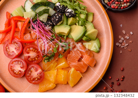 Bowl with salmon pieces, cheese, tomatoes, peppers and avocado. Salmon bowl Bowl with salmon pieces, cheese, tomatoes, peppers and avocado. Salmon bowl 132348432