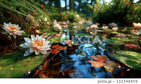 静かな森の中、小川の水面に白い睡蓮が咲き誇り、秋色の落ち葉が浮かぶ幻想的な情景。柔らかな光が水面に反 132348459