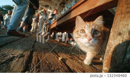 夕方の柔らかな光に照らされながら、木製デッキの下から顔を出してこちらを見つめる猫。金色の瞳と毛並みが 132348460
