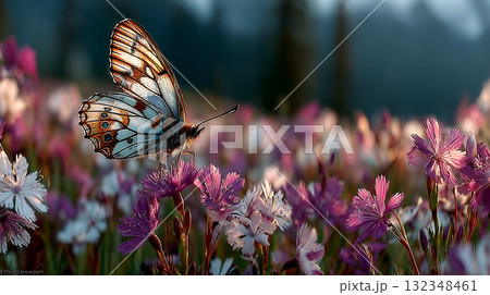 朝の光を浴びながら、野の花にそっと止まる蝶をクローズアップで撮影。羽の繊細な模様と花の色彩が織りなす 132348461