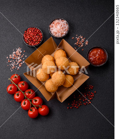 Cheese balls, croquettes or arancini with potatoes or rice. Cheese balls Cheese balls, croquettes or arancini with potatoes or rice. Cheese balls 132348665