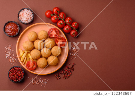 Cheese balls, croquettes or arancini with potatoes or rice. Cheese balls Cheese balls, croquettes or arancini with potatoes or rice. Cheese balls 132348697