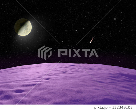 Moon shining over uninhabited violet planet 132349105