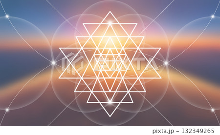 Sri Yantra lotus mandala, sacred geometry figure used in Hinduism and Tantrism as a tool for meditation and concentration to harmonize the mind and promote spiritual awakening. Sunset Background Sri Yantra lotus mandala, sacred geometry figure used in Hinduism and Tantrism as a tool for meditation and concentration to harmonize the mind and promote spiritual awakening. Sunset Background 132349265