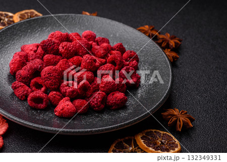 Dried sublimated slices of raspberry as an ingredient for sweet desserts. Dried raspberry Dried sublimated slices of raspberry as an ingredient for sweet desserts. Dried raspberry 132349331