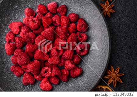 Dried sublimated slices of raspberry as an ingredient for sweet desserts. Dried raspberry Dried sublimated slices of raspberry as an ingredient for sweet desserts. Dried raspberry 132349332