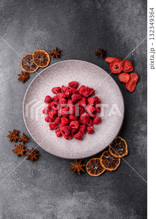 Dried sublimated slices of raspberry as an ingredient for sweet desserts. Dried raspberry Dried sublimated slices of raspberry as an ingredient for sweet desserts. Dried raspberry 132349364