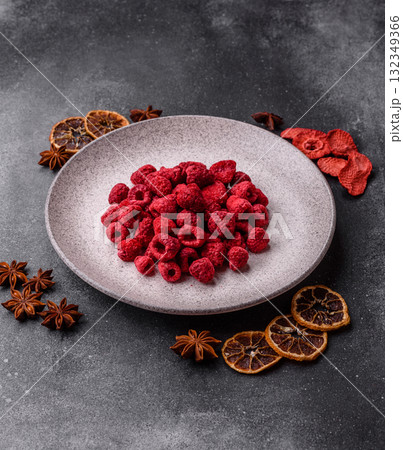 Dried sublimated slices of raspberry as an ingredient for sweet desserts. Dried raspberry Dried sublimated slices of raspberry as an ingredient for sweet desserts. Dried raspberry 132349366