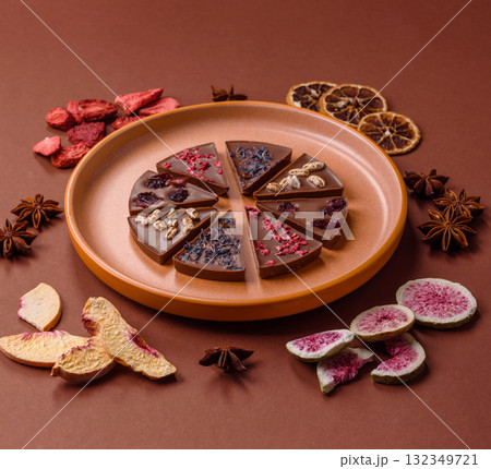 Craft home made chocolate with berries and fruits, delicious sweets. Craft chocolate 132349721