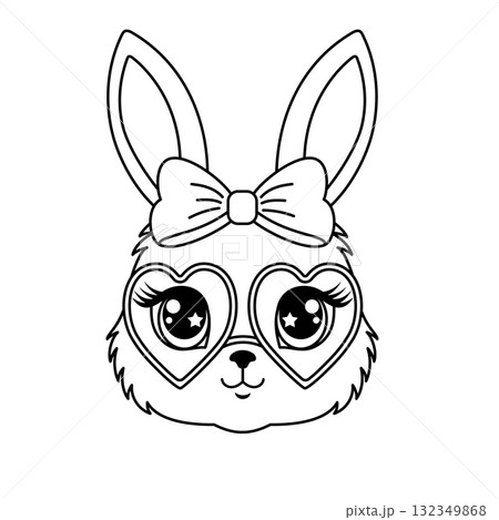Cute contour bunny face with heart sunglasses, big eyes, and bow Cute contour bunny face with heart sunglasses, big eyes, and bow 132349868