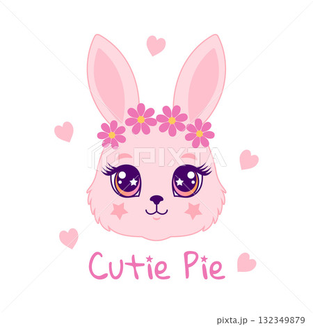 Cute pink bunny face with a pink flower crown and hearts.  132349879