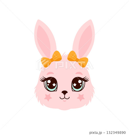 Cute pink bunny face illustration with bright yellow bows, big eyes, and starry cheeks Cute pink bunny face illustration with bright yellow bows, big eyes, and starry cheeks 132349890