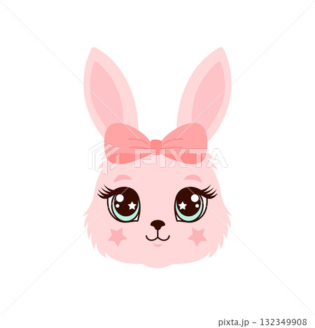 Cute pink bunny face illustration with red bow. 132349908