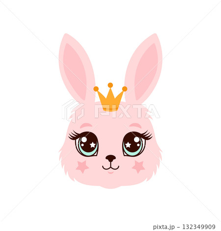 Cute pink bunny princess face illustration with a crown, big eyes, and starry cheeks. 132349909