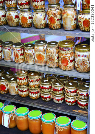 Delicious homemade canned mushrooms haricots and nuts 132350041