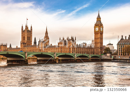 Iconic view of Big Ben and Houses of Parliament from across the River Thames in London Iconic view of Big Ben and Houses of Parliament from across the River Thames in London 132350066