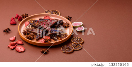 Craft home made chocolate with berries and fruits, delicious sweets. Craft chocolate 132350166