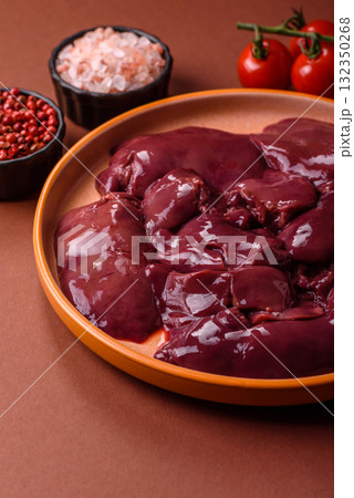 Raw fresh chicken or turkey liver, internal offal of poultry. Raw chicken liver 132350268