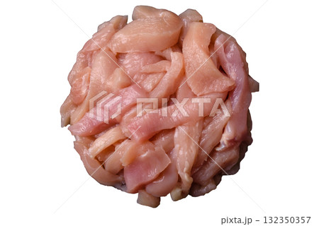 Raw chicken meat cut into strips, fresh fillet or breast slices. Chicken raw meat in pieces 132350357