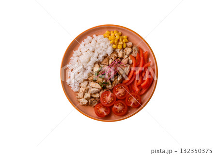 Bowl with chicken pieces, rice, tomatoes, peppers and microgreens. Bowl with chicken Bowl with chicken pieces, rice, tomatoes, peppers and microgreens. Bowl with chicken 132350375