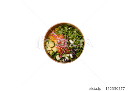 Bowl with salmon pieces, cheese, tomatoes, peppers and avocado. Salmon bowl Bowl with salmon pieces, cheese, tomatoes, peppers and avocado. Salmon bowl 132350377
