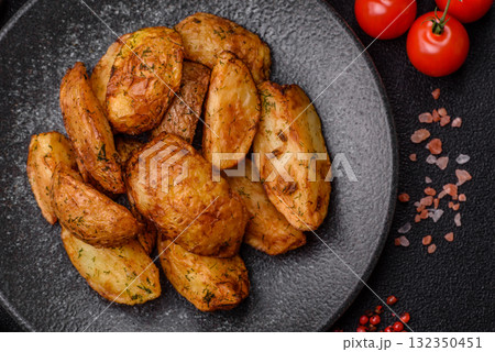 Potato wedges baked with spices, garlic and rosemary. Potato wedges 132350451