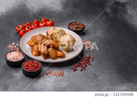 Potato wedges baked with spices, garlic and rosemary. Potato wedges Potato wedges baked with spices, garlic and rosemary. Potato wedges 132350486