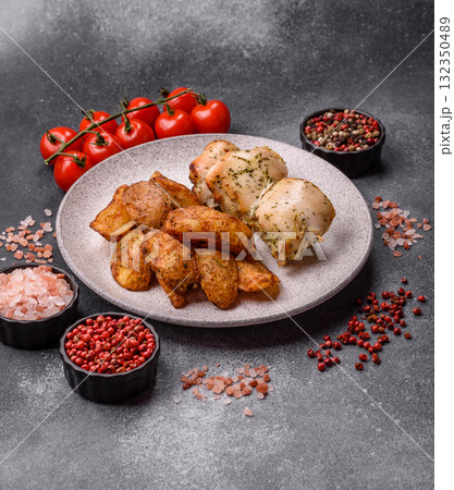 Potato wedges baked with spices, garlic and rosemary. Potato wedges 132350489