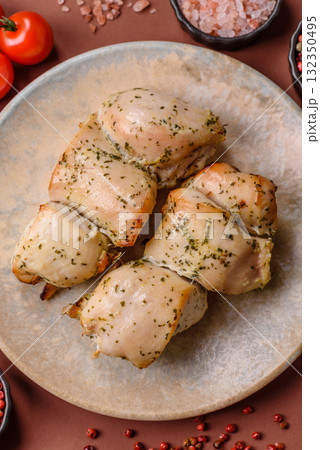 Chicken shish pieces fried on a skewer with salt and spices. Chicken shashlik 132350495