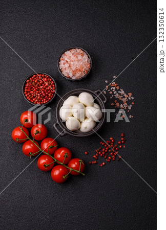 Mozzarella cheese balls, fresh white mini slices for Mediterranean food. Mozzarella cheese 132350614