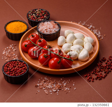 Mozzarella cheese balls, fresh white mini slices for Mediterranean food. Mozzarella cheese 132350661