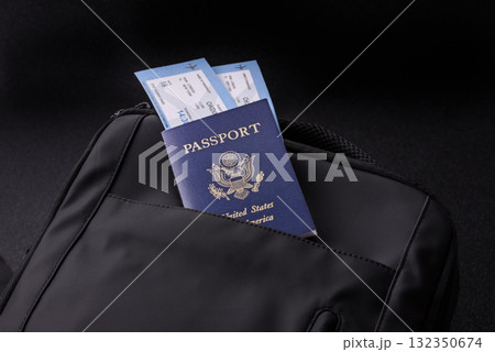 US passport, american visa for travel, document with tickets in travel bag. US passport US passport, american visa for travel, document with tickets in travel bag. US passport 132350674